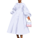 Luxury Balloon Sleeve Belted A-line Dress