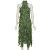 Sexy Turtleneck Sleeveless Backless Tassel See-through High Waist Long Dress