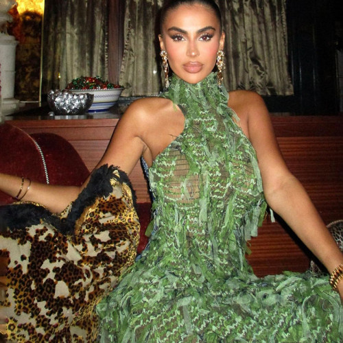 Sexy Turtleneck Sleeveless Backless Tassel See-through High Waist Long Dress