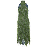 Sexy Turtleneck Sleeveless Backless Tassel See-through High Waist Long Dress
