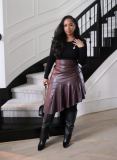 High Waisted Irregular Spliced PU Leather Midi Pleated Skirt