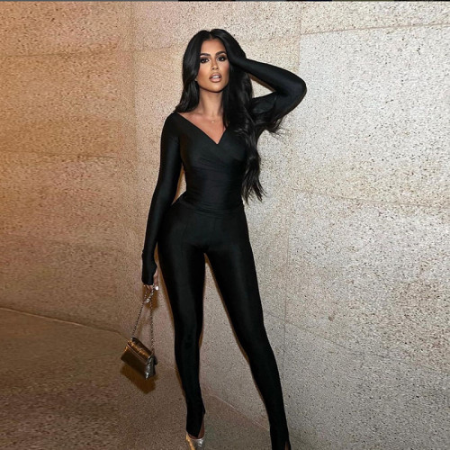 Sexy Off-Shoulder V-neck High-waisted Tight Trousers Casual Sportswear Set