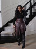 High Waisted Irregular Spliced PU Leather Midi Pleated Skirt