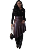 High Waisted Irregular Spliced PU Leather Midi Pleated Skirt