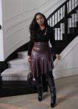 High Waisted Irregular Spliced PU Leather Midi Pleated Skirt