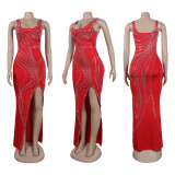 Women Sexy Beaded Sleeveless Bodycon Slit Dress