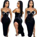 Women's Sexy Strapless High Slit Solid Color Beaded Dress