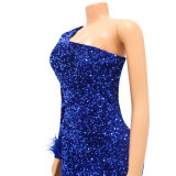 Women's Sexy Tight Fitting Sequin Slash Shoulder Feather Sleeves Bodycon Dress