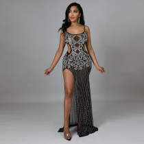 High Side Slit Seductive Sheer Suspender Long Dress