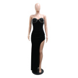 Women's Sexy Strapless High Slit Solid Color Beaded Dress