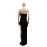 Women's Sexy Strapless High Slit Solid Color Beaded Dress