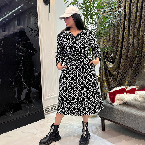 Casual Lapel Belted Printed Long Pullover Coat Dress with Lining