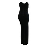 Women's Sexy Strapless High Slit Solid Color Beaded Dress