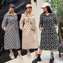 Casual Lapel Belted Printed Long Pullover Coat Dress with Lining