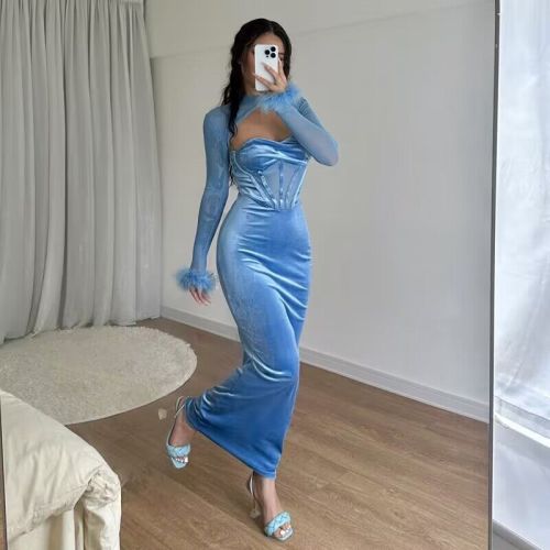 Plush Mesh Nightclub Style Hollow Out Bodycon Maxi Dress