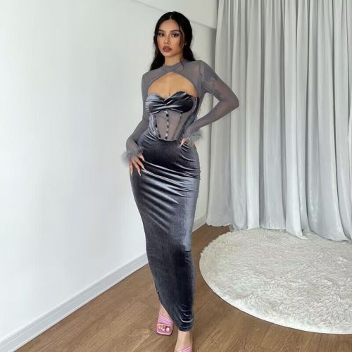 Plush Mesh Nightclub Style Hollow Out Bodycon Maxi Dress