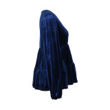Lantern Sleeve Ruffle Hem Velvet Peplum Blouse