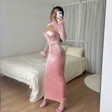 Plush Mesh Nightclub Style Hollow Out Bodycon Maxi Dress