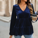 Lantern Sleeve Ruffle Hem Velvet Peplum Blouse