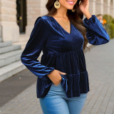 Lantern Sleeve Ruffle Hem Velvet Peplum Blouse