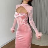 Plush Mesh Nightclub Style Hollow Out Bodycon Maxi Dress
