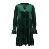 Solid Color Long Sleeve V Neck Velvet Dress