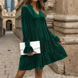 Solid Color Long Sleeve V Neck Velvet Dress