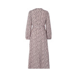 Allover Print Lantern Sleeve Wrap Hem Belted Dress