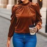 Mock Neck Puff Sleeve Velvet Blouse