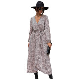 Allover Print Lantern Sleeve Wrap Hem Belted Dress