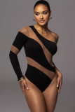 Sexy Women Bodysuits Mesh Patchwork One Shoulder Rompers