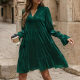 Solid Color Long Sleeve V Neck Velvet Dress