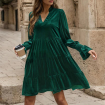 Solid Color Long Sleeve V Neck Velvet Dress