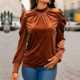 Mock Neck Puff Sleeve Velvet Blouse