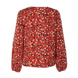 Allover Print V Neck Lantern Sleeve Blouse