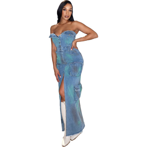 Sexy Casual Patchwork Buttons Backless Slit Strapless Skinny Denim Dresses