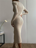 Sweetheart V-Neck Long Sleeve Midi Sweater Dress Tight-Fitting Sexy Ribbed Knit Dress
