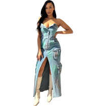 Sexy Casual Patchwork Buttons Backless Slit Strapless Skinny Denim Dresses