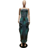 Sexy Casual Patchwork Buttons Backless Slit Strapless Skinny Denim Dresses