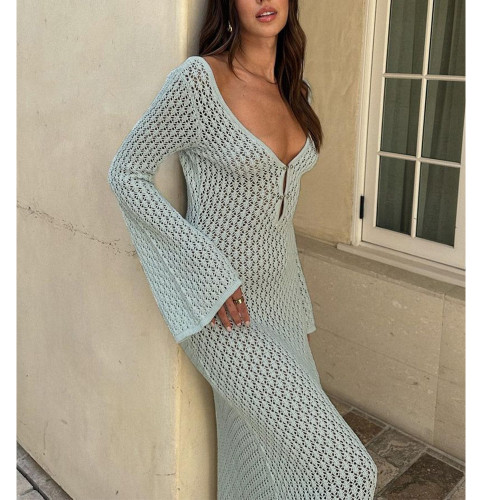 Seductive V-Neck Hollow Out and Long Sleeves Knitted Bodycon Dress
