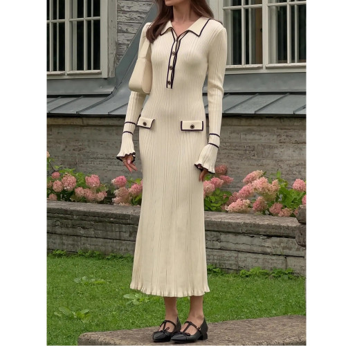Chic French Style Ruffled Collar Knit Sweater Dress