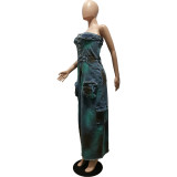 Sexy Casual Patchwork Buttons Backless Slit Strapless Skinny Denim Dresses