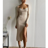 Sweetheart V-Neck Long Sleeve Midi Sweater Dress Tight-Fitting Sexy Ribbed Knit Dress