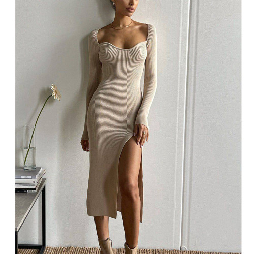 Sweetheart V-Neck Long Sleeve Midi Sweater Dress Tight-Fitting Sexy Ribbed Knit Dress