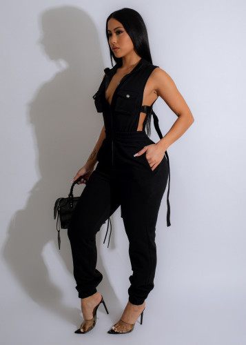Solid Color Zipper Button Up Sleeveless Jumpsuit With 4 Pockets