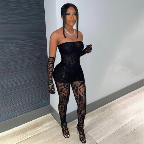 Seductive Lace Strapless Top and High-Waisted Tight Leggings Set