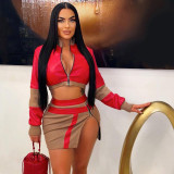Chic PU Color-Block High-Waisted Bodycon Skirt Set