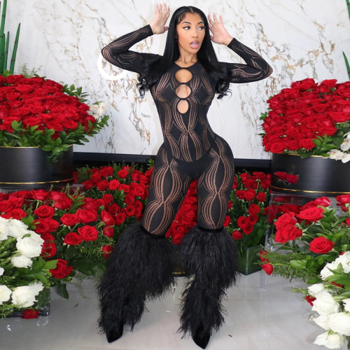Elegant Hollow Out Long Sleeve High Waist Jumpsuit