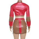 Chic PU Color-Block High-Waisted Bodycon Skirt Set