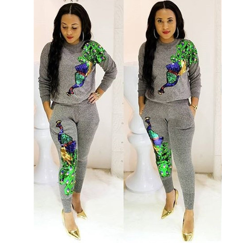 Fashion Peacock Sequin Splicing Two Piece Trousers Set with Pockets